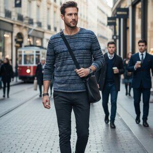 John Varvatos Sweater‎ Men's XL Gray Blue Striped Linen Blend Long Sleeve